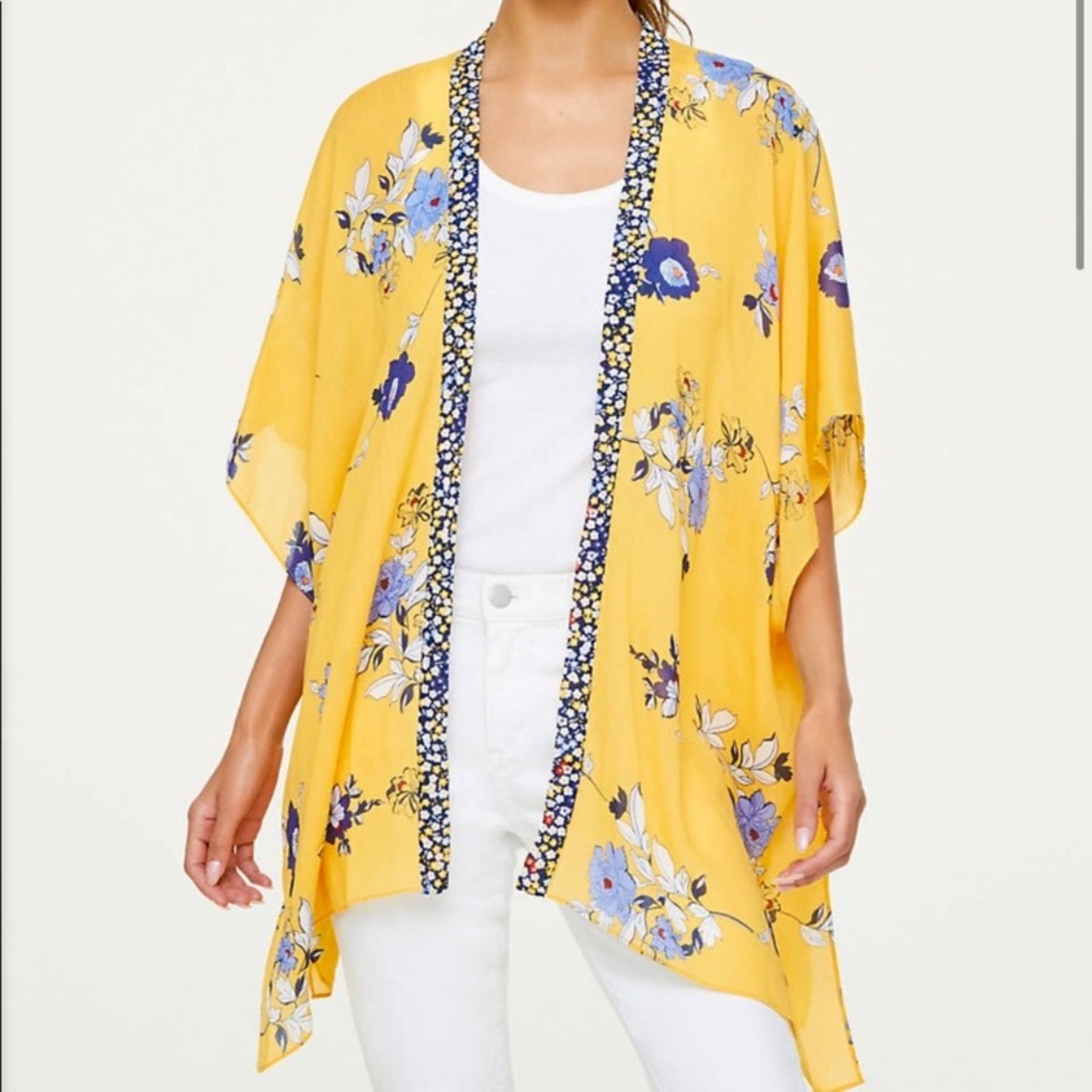 LOFT Open Front Golden Yellow Floral Duster Kimono